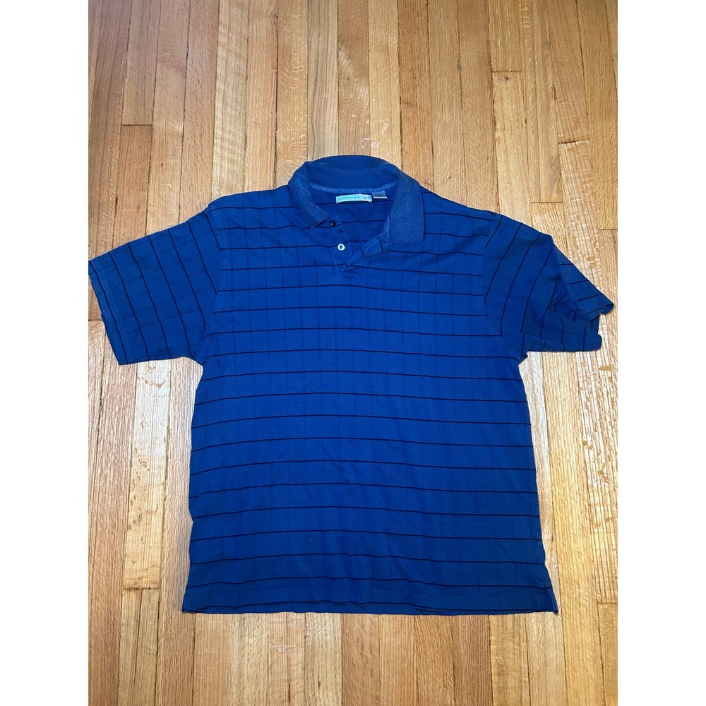 Geoffrey Beene Mens Blue Grid Pattern Short Sleeve Polo Shirt Large Cotton Rayon